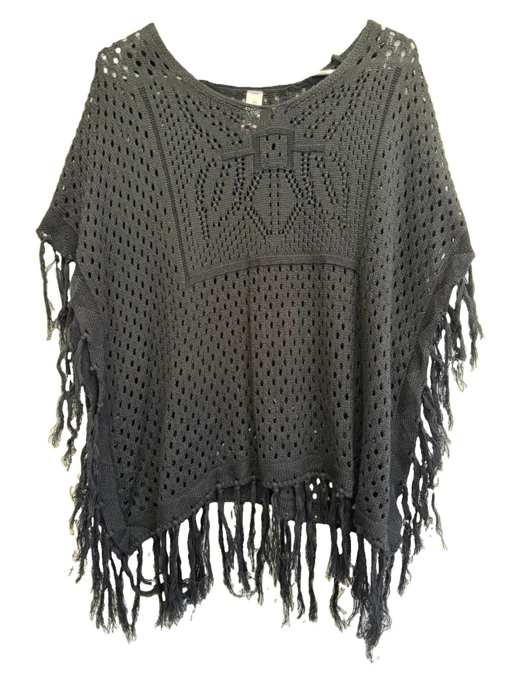 BOHO NO BOUNDARIES Women’s Black Crochet Fringe Poncho Swim Suit Cover Up LG